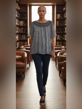 Coldwater Creek Black and White Patterned Short-Sleeve Blouse